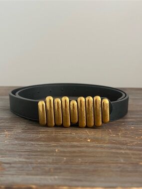 Black Leather Belt with Gold Bar Accent